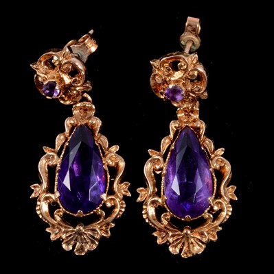 Lot 160 - A pair of 9 carat yellow gold amethyst drop earrings.