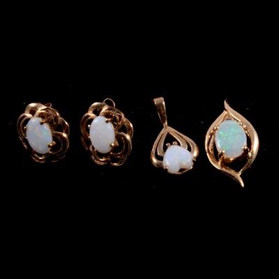 Lot 159 - A sapphire and diamond pendant, earrings, diamond earstuds and opal pendants and earrings.