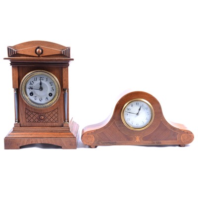 Lot 142 - Edwardian mahogany and inlaid mantel clock, and a German mantel clock