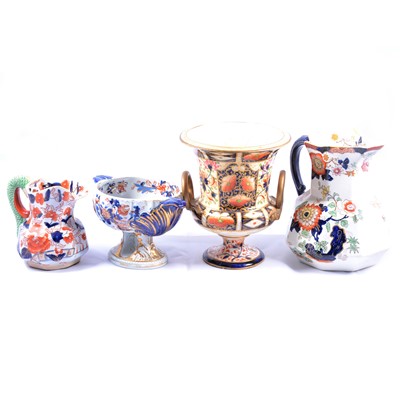 Lot 118 - Masons Ironstone jugs, a pedestal tureen, and restored Crown Derby Campagna vase