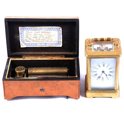 Lot 148A - Maple cased Swiss musical box, and a brass-cased carriage clock