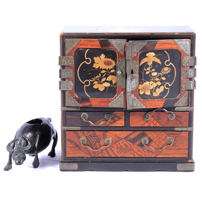 Lot 153A - Chinese bronze model of an ox, and a Japanese lacquer and marquetry table cabinet