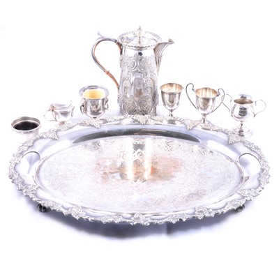 Lot 139 - Silver plated tray, hot water jug and trophy condiments