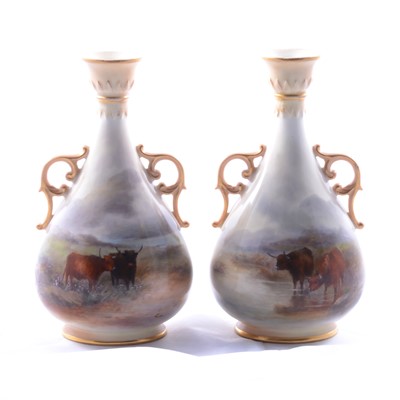 Lot 29 - Pair of Royal Worcester vases with highland cattle by Harry Stinton