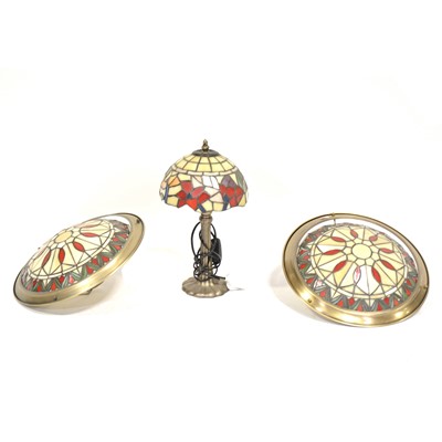 Lot 359 - Pair of Tiffany style ceiling bowls; and a similar table lamp