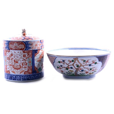 Lot 34 - Large Imari cylindrical jar and cover, and an Arita style rose bowl