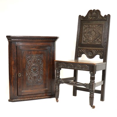 Lot 357 - Victorian oak hall chair and a Victorian oak hanging corner cupboard