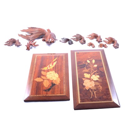 Lot 145 - Nine various Chinese carved wooden models of fish, and two marquetry panels