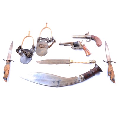 Lot 234 - Belgian pocket revolver, pocket pistol, Bowie knives, etc