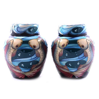 Lot 26 - Philip Gibson for Moorcroft Pottery, a pair of 'Lagoon' pattern ginger jars and covers