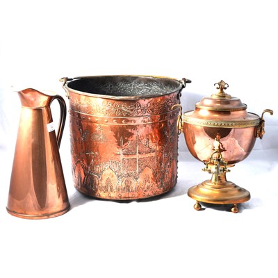 Lot 193 - Embossed coal bin, samovar and a copper jug.