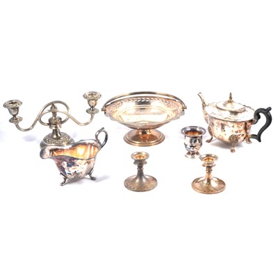 Lot 187 - Pair of silver dwarf candlesticks; and electroplated wares