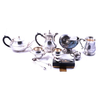 Lot 149 - Silver plated tea set, spoon warmer, tankard, etc.