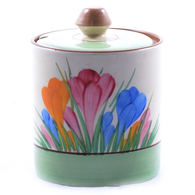 Lot 61 - Clarice Cliff, a ‘Spring Crocus’ Drum shaped preserve pot and cover