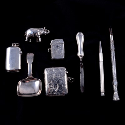 Lot 300 - George IV silver caddy spoon, Elephant pin cushion, vestas, etc