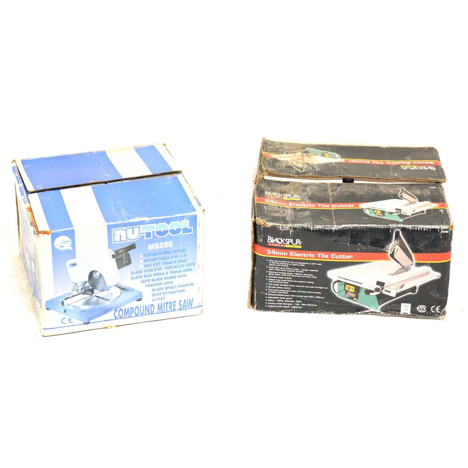 Lot 572 - Nutool MS200 compound mitre saw and a Blackspur 34mm tile cutter.