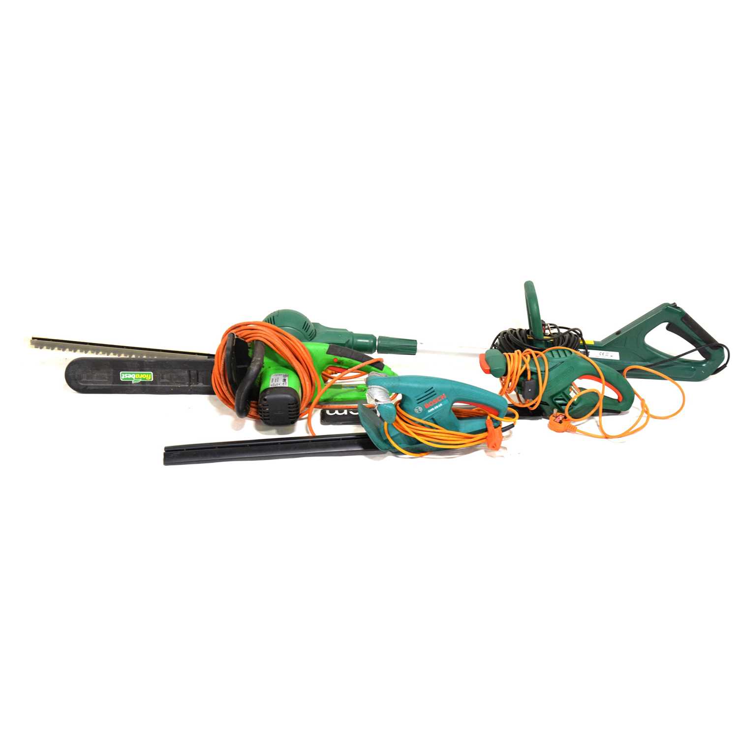 Lot 575 - Florabest electric chainsaw, various hedge cutters and a blower.