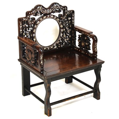 Lot 416 - Near pair of Chinese carved hardwood chairs, with mother of pearl inlay