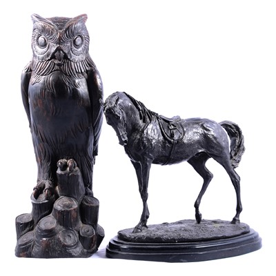 Lot 107 - Reproduction bronze animalia, modelled as a horse, after P J Mene; and an composition model of an owl