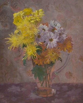 Lot 487 - Gillian Whaite, Yellow, gold and white chrysanthemums in a glass jug, and the jug.