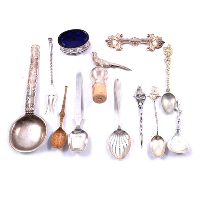 Lot 374 - Dutch white metal flatware, silver wine bottle stopper, and other white metal and plated wares.