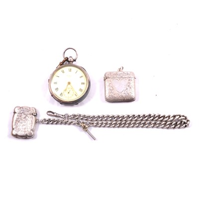 Lot 361 - Waltham - silver open face pocket watch, Albert watch chain, and two vestas.