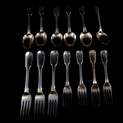 Lot 227 - Pair of George III silver table forks, Thomas Dicks, London 1816, and other silver flatware.