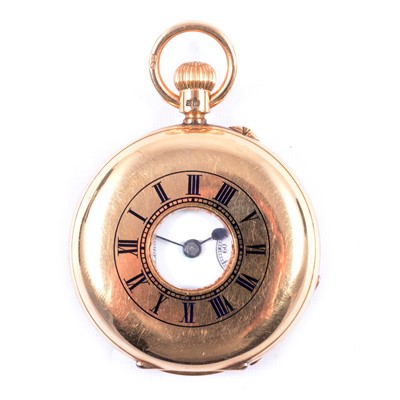 Lot 353 - J W Benson - an 18 carat yellow gold half hunter fob watch.