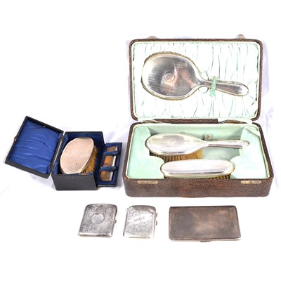 Lot 232 - Silver cigarette cases, silver backed brush set and another cased brush