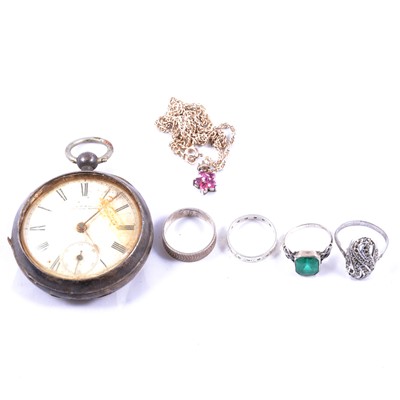 Lot 161 - A collection of silver / white metal and costume jewellery, lockets, ingot pendant, chains, rings.