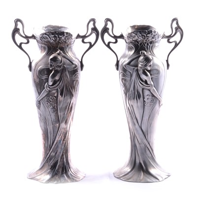 Lot 64 - Large pair of Art Nouveau figural pewter vases by WMF