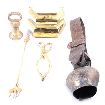 Lot 163 - Large Swiss cowbell, kettle, bell weights, etc.