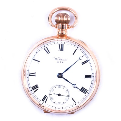 Lot 359 - Waltham - a 9 carat yellow gold open face pocket watch.