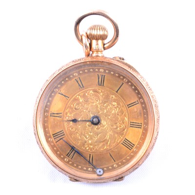 Lot 358 - A small yellow metal open face fob watch.