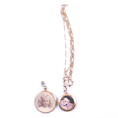 Lot 203 - Two photograph frame pendants and a chain.