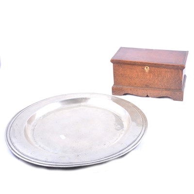 Lot 142 - 18the Century pewter charger and a George III oak box