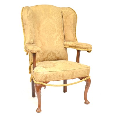 Lot 445 - George III mahogany and oak framed wing-back chair.