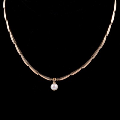 Lot 296 - A 9 carat gold necklace set with a pearl and diamond drop.