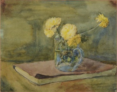 Lot 345 - Carol Matyia-Ross, Cherries, and RV Hopkin, Still life of flowers and book.