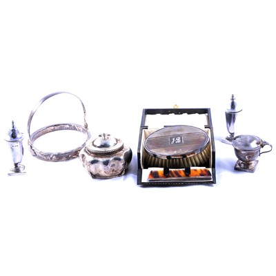 Lot 283 - Silver tea caddy, three-piece silver condiment set, etc