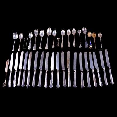 Lot 318 - Assorted silver teaspoons, tongs, silver-handled butterknives, etc