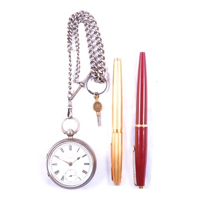 Lot 375 - A J G Graves silver open face pocket watch and two Parker pens.