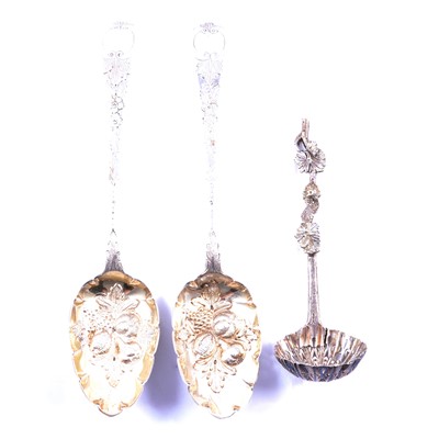 Lot 295 - Pair of silver berry spoons, and a silver sifter spoon