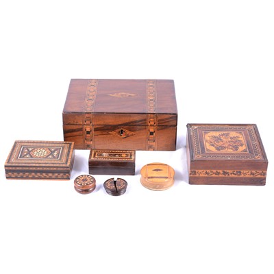 Lot 143 - Victorian rosewood box with Tunbridge ware lid, etc.