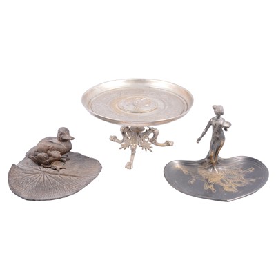 Lot 141 - Continental cast metal tazza, a Japanese dish with duckling, and another.