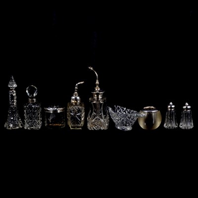 Lot 207 - Small collection of silver-mounted glass perfume bottles, atomisers, etc