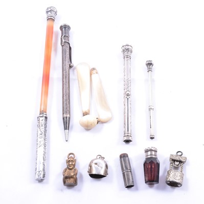 Lot 312 - Agate and white metal fountain pen, white metal pencils, scent bottle and other collectables.