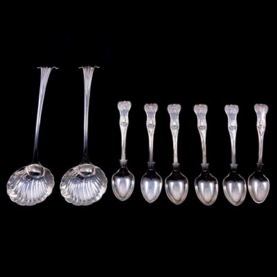 Lot 206 - Pair of silver Onslow pattern ladles, set of six silver coffee spoons