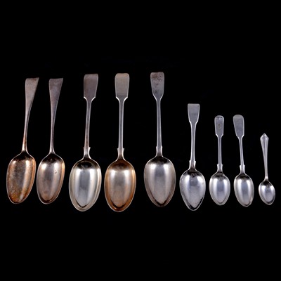 Lot 220 - Two 18th Century silver tablespoons, three other tablespoons and other silver spoons