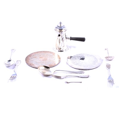 Lot 168 - Small quantity of plated ware, flatware, two silver place mats, cased fish eaters, chocolate pot.